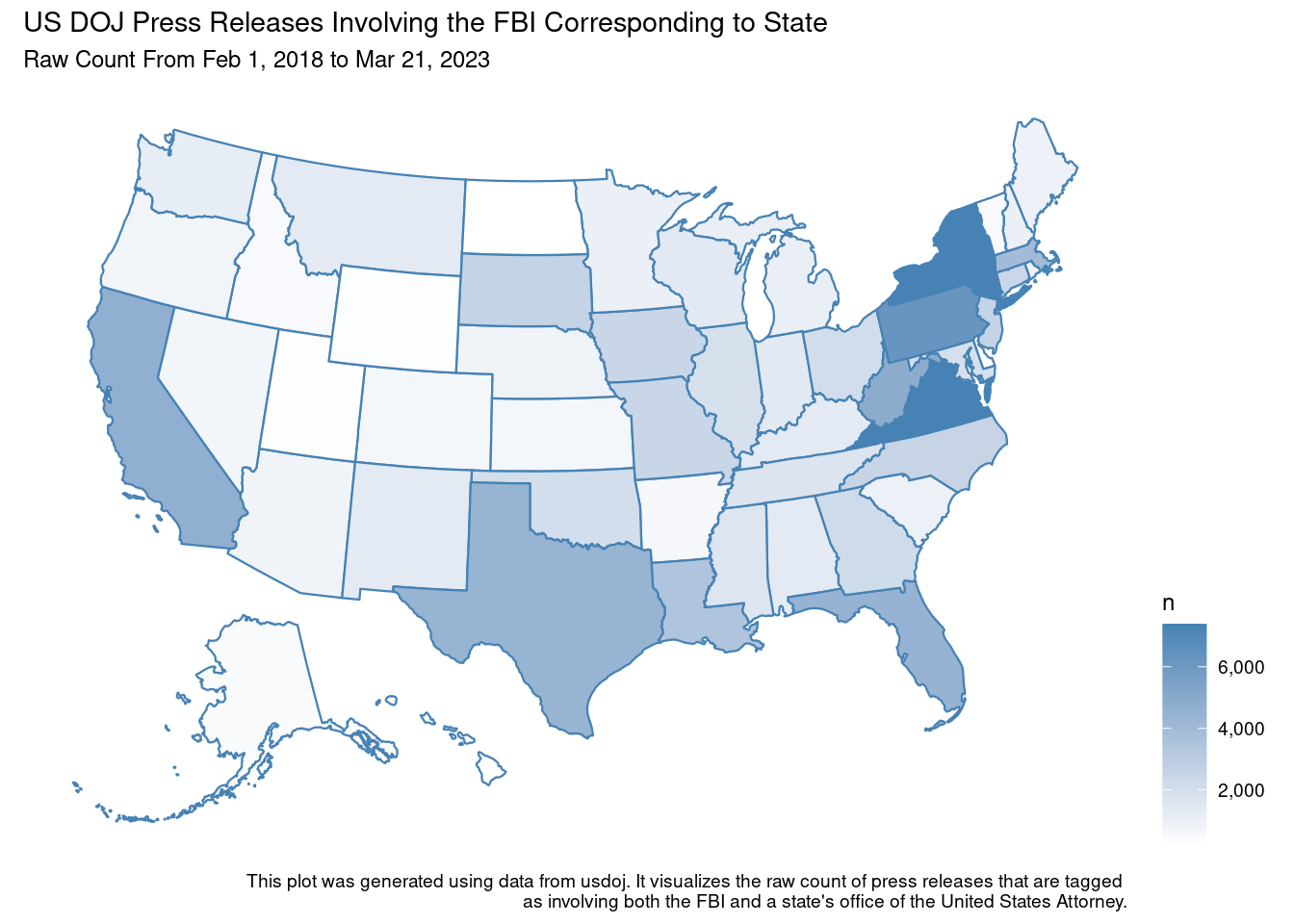 A choropleth map of the United States, visualizing the number of press releases containing mentions to the FBI in each state